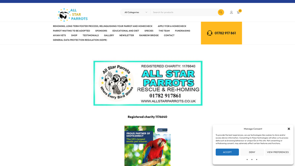 Screenshot of the All Star Parrots Rescue And Rehoming website