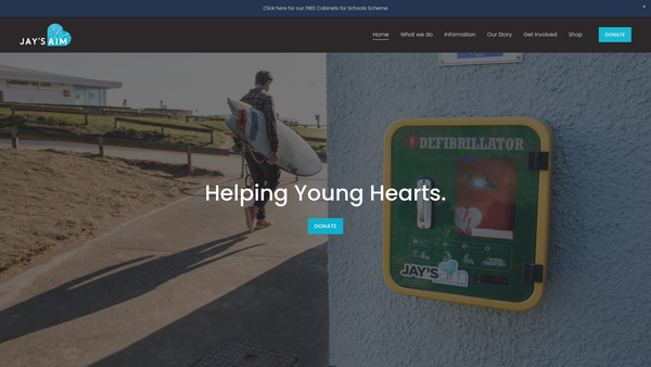 Screenshot of the Jay's Aim - Helping Young Hearts website