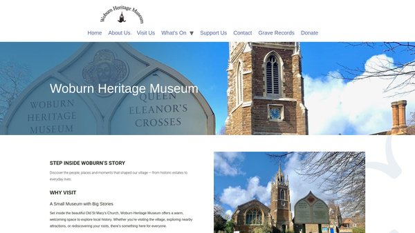 Screenshot of the Woburn Heritage Centre CIO website