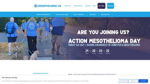 Screenshot of the Mesothelioma UK Charitable Incorporated Organisation website