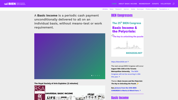 Screenshot of the Basic Income Earth Network (Bien) website