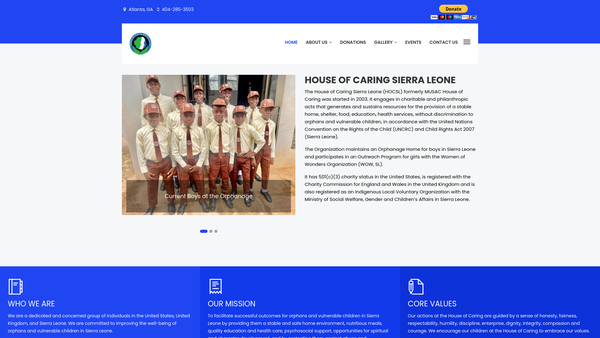 Screenshot of the House of Caring, Sierra Leone website