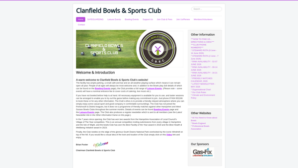 Screenshot of the Clanfield Bowls & Sports Club website