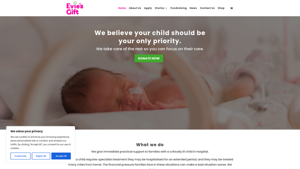Screenshot of the Evie's Gift CIO website