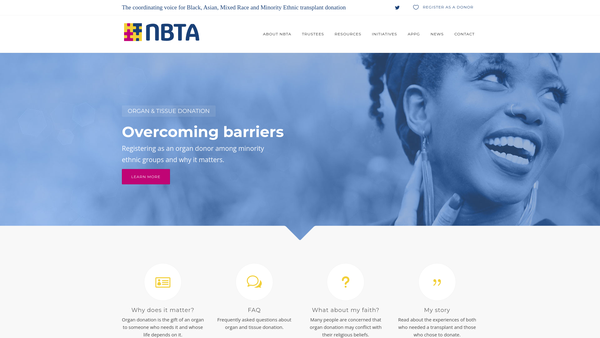 Screenshot of the National Black, Asian, Mixed Race And Minority Ethnic Transplant Alliance (Nbta). website