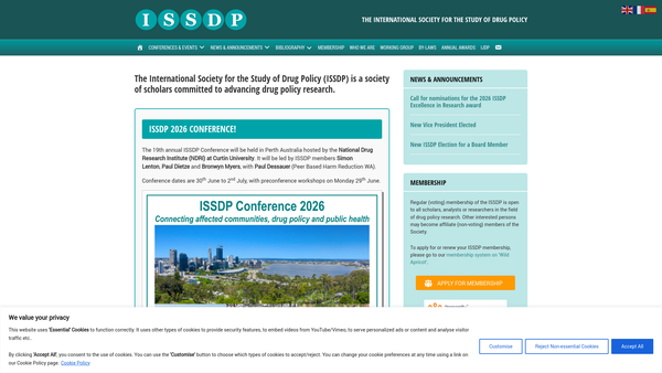 Screenshot of the International Society For The Study Of Drug Policy (Issdp) website