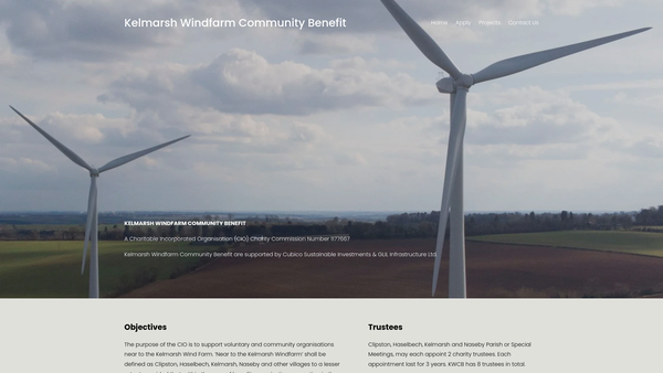 Screenshot of the Kelmarsh Windfarm Community Benefit website