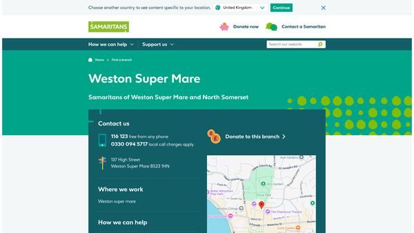 Screenshot of the Samaritans Of Weston Super Mare And North Somerset website