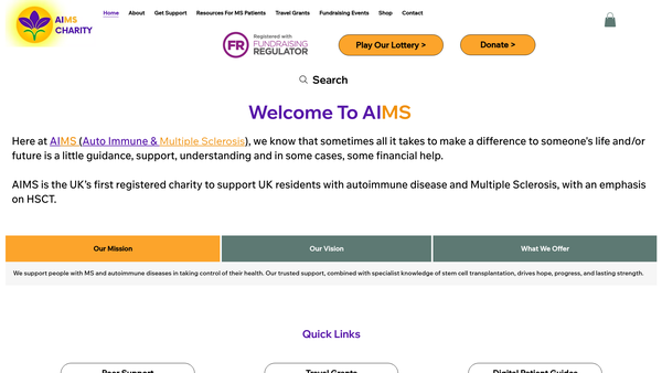 Screenshot of the Auto Immune And Multiple Sclerosis (A.i.m.s) website