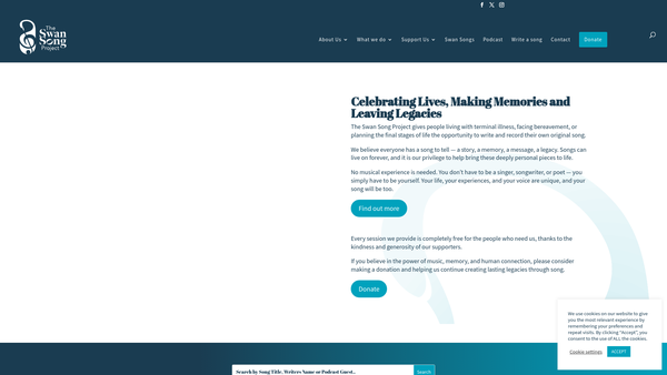 Screenshot of the The Swan Song Project website