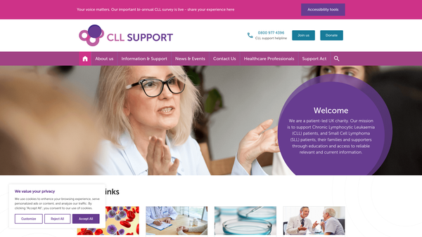 Screenshot of the Chronic Lymphocytic Leukaemia Support Association Uk(cllsa) website