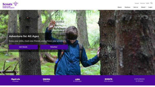Screenshot of the 1st Bournville Scout Group (100Th Birmingham) website
