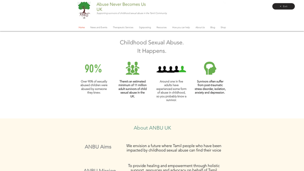 Screenshot of the Abuse Never Becomes US UK (Anbu) website
