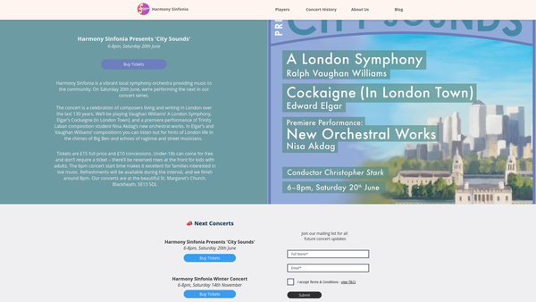 Screenshot of the Harmony Sinfonia website