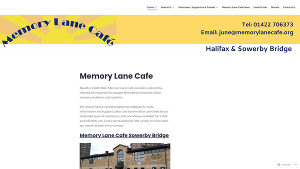 Screenshot of the Memory Lane Cafe Calderdale website