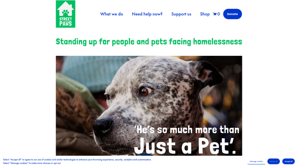 Screenshot of the Street Paws website
