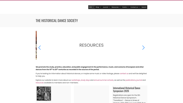 Screenshot of the The Historical Dance Society website