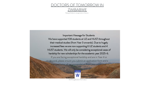 Screenshot of the Doctors Of Tomorrow In Zimbabwe ("Dotz") website