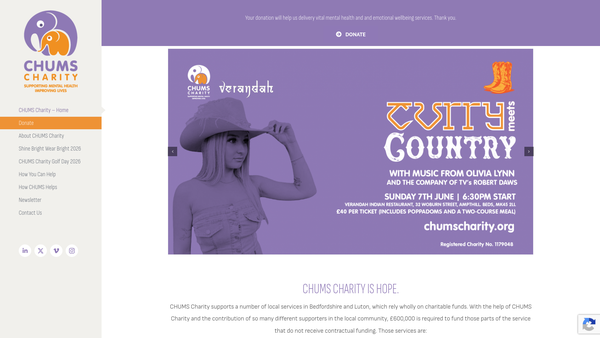 Screenshot of the Chums Charity website