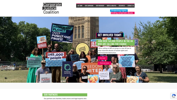 Screenshot of the The Corporate Justice Coalition CIO website