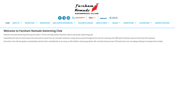 Screenshot of the Fareham Nomads Swimming Club website