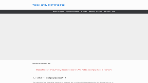 Screenshot of the West Parley Memorial Hall Charitable Incorporated Organisation website