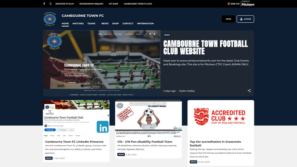 Screenshot of the Cambourne Town Football Club website