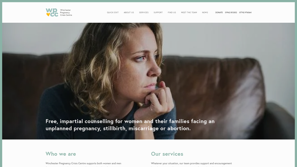 Screenshot of the Winchester Pregnancy Crisis Centre website