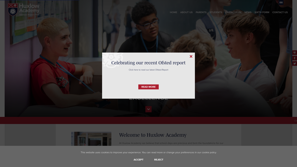 Screenshot of the Parents Teachers & Friends Of Huxlow Science College website