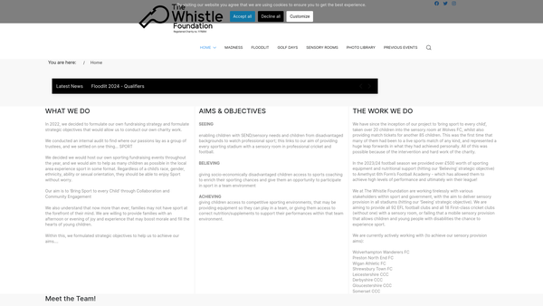 Screenshot of the The Whistle Foundation website
