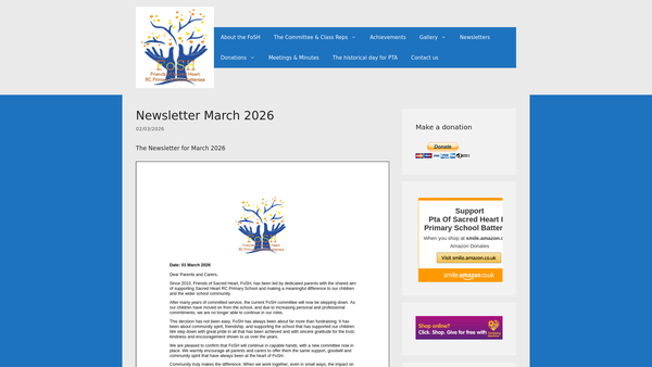 Screenshot of the PTA Of Sacred Heart Rc Primary School Battersea website