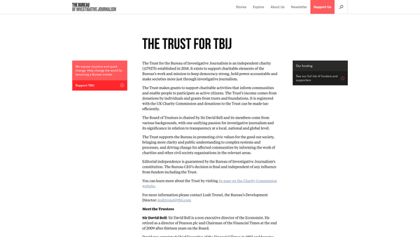 Screenshot of the The Trust For The Bureau Of Investigative Journalism website