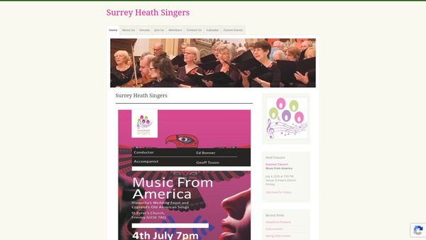 Screenshot of the Surrey Heath Choral CIO website