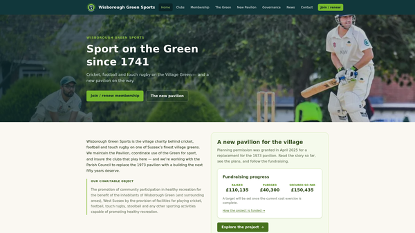 Screenshot of the Wisborough Green Sports CIO website
