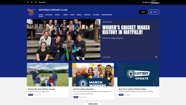 Screenshot of the Mayfield Cricket Club website