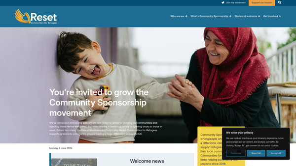 Screenshot of the Reset Communities And Refugees Ltd website