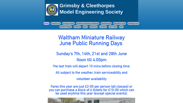 Screenshot of the Grimsby And Cleethorpes Model Engineering Society website
