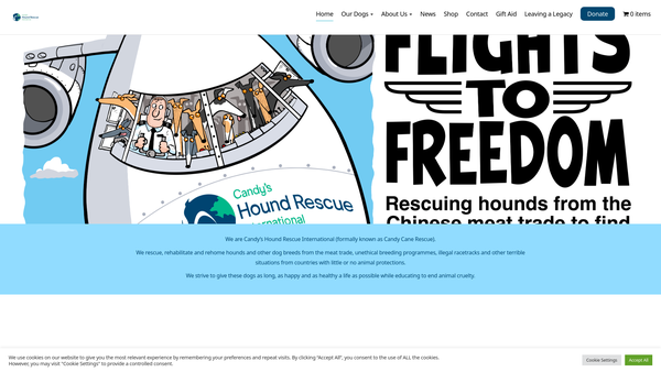 Screenshot of the Candy's Hound Rescue International website