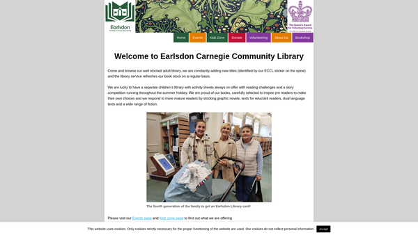 Screenshot of the Earlsdon Carnegie Community Library website