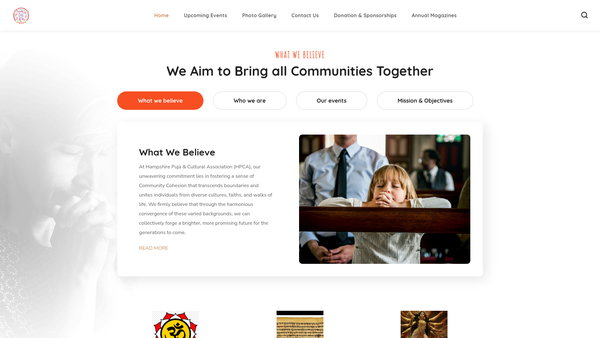 Screenshot of the Hpca-Hampshire Puja And Cultural Association website
