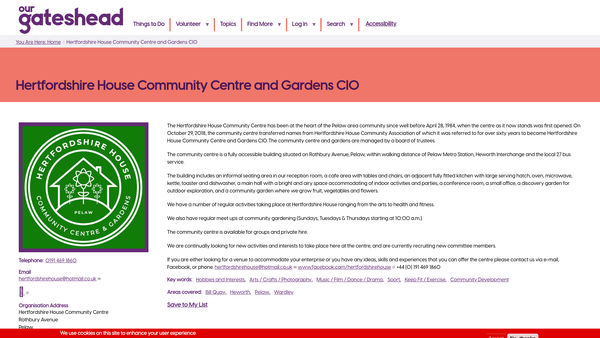 Screenshot of the Hertfordshire House Community Centre And Gardens CIO website