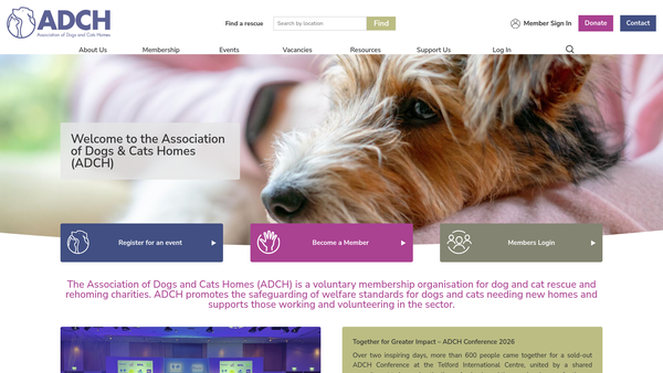 Screenshot of the Association Of Dogs And Cats Homes website