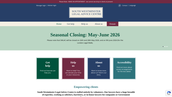 Screenshot of the South Westminster Legal Advice Centre CIO website