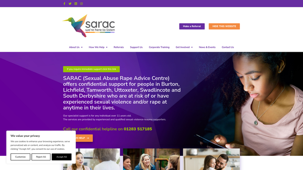 Screenshot of the Sexual Abuse & Rape Advice Centre (Burton & District) website