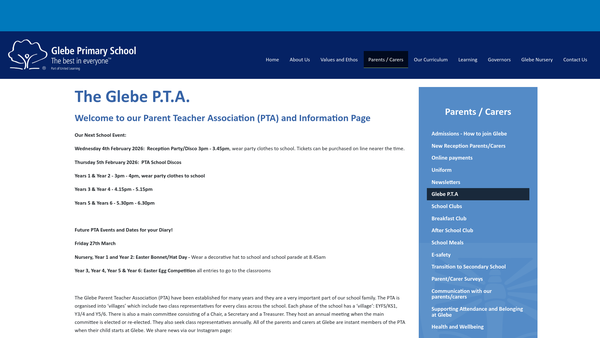Screenshot of the Glebe Primary School PTA website