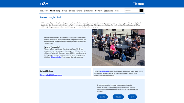 Screenshot of the Tiptree U3A website