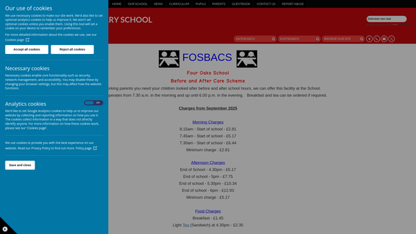 Screenshot of the Four Oaks School Before And After Care Scheme (Fosbacs) website