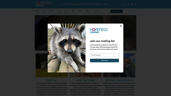 Screenshot of the Hopefield Animal Sanctuary website