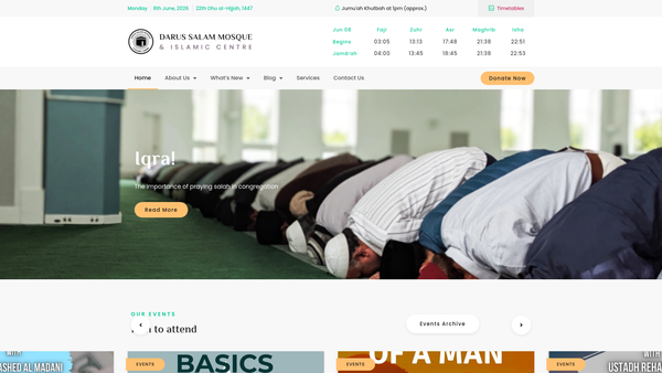 Screenshot of the Darus Salam Mosque & Islamic Centre website