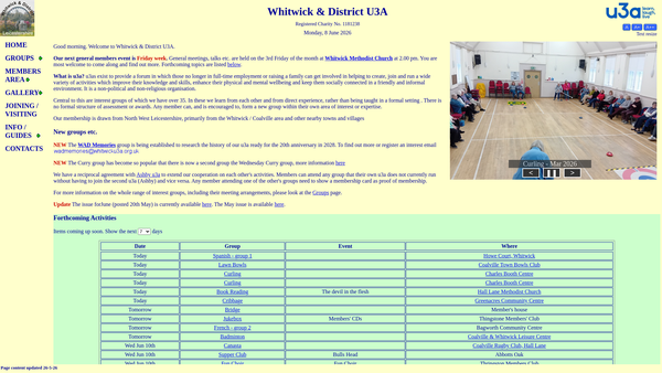 Screenshot of the Whitwick And District U3A website